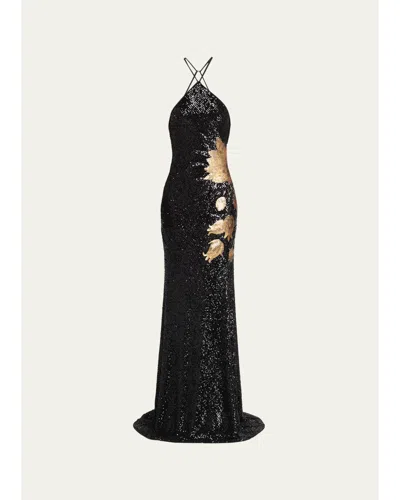 Naeem Khan Halter Floral Stretch Sequined Trumpet Gown In Black