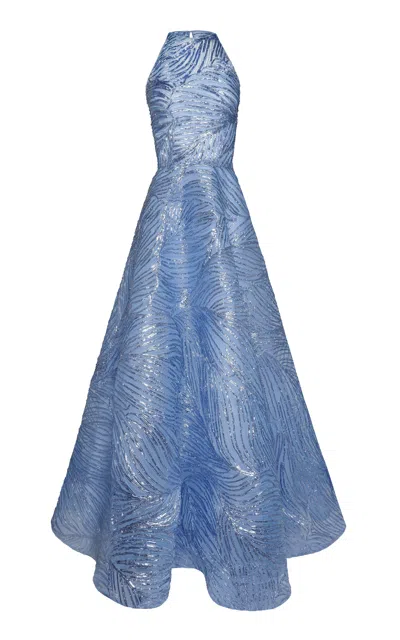 Naeem Khan Halter Raffia Tulle-blend Gown In Blue