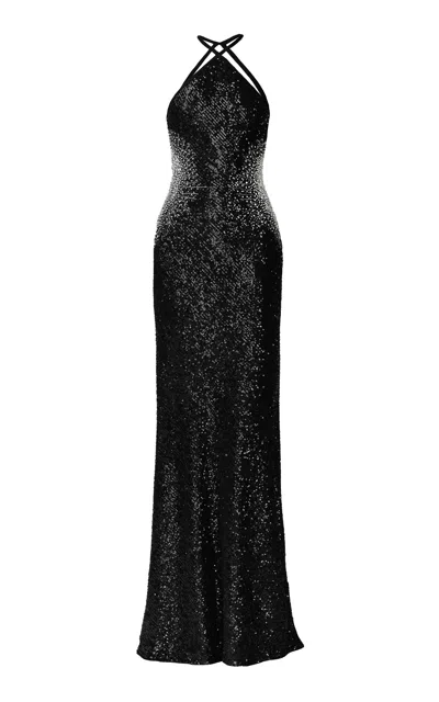Naeem Khan Halter Sequined Gown In Black