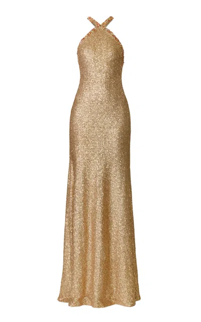Naeem Khan Halter Stretch Sequin Gown With Crystal Trim In Gold