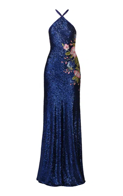 Naeem Khan Halter Stretch Sequin Gown With Floral Applique In Blue