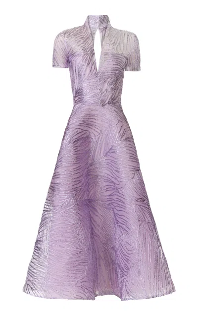 Naeem Khan High V-neck Metallic Raffia Midi Dress In Purple