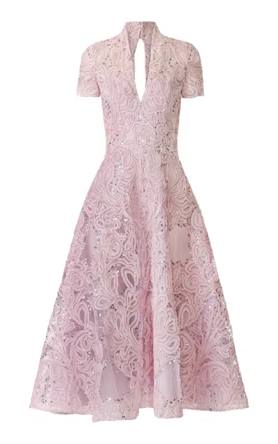 Naeem Khan High V-neck Sequined Midi Dress In Pink