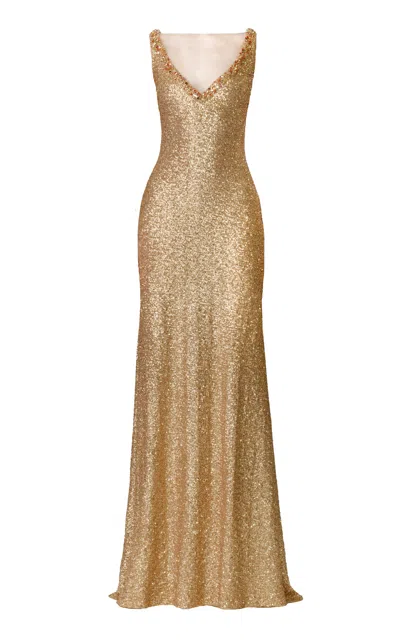 Naeem Khan Illusion V-neck Sleeveless Stretch Sequin Gown With Crystal Trim In Gold