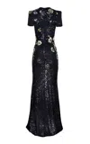 Naeem Khan Jewel-neck Stretch Sequined Gown In Black