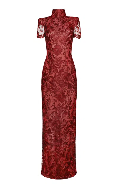Naeem Khan Lace Column Gown In Burgundy