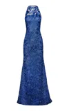 Naeem Khan Lace Halter Gown In Navy