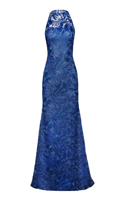 Naeem Khan Lace Halter Gown In Navy