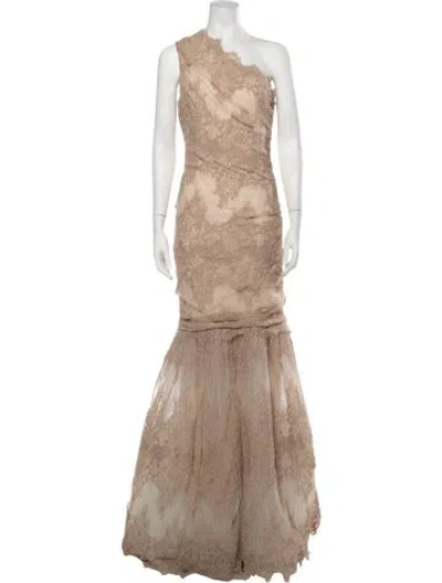 Pre-owned Naeem Khan Lace Pattern Long Dress In Neutrals