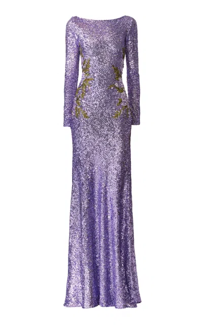Naeem Khan Long Sleeve Applique Sequined Gown In Purple