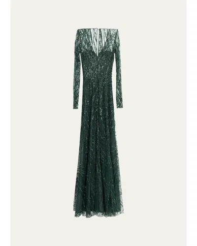 Naeem Khan Long-sleeve Beaded Tulle A-line Gown In Green