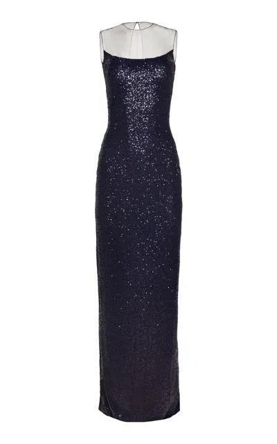 Naeem Khan Mesh-paneled Stretch-sequin Column Gown In Navy