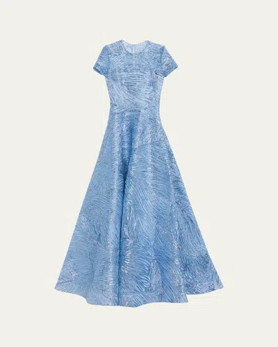 Naeem Khan Metallic Embroidered Short-sleeve Illusion Gown In Blue