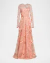 Naeem Khan Metallic Floral Embroidered Long-sleeve Illusion Gown In Orange