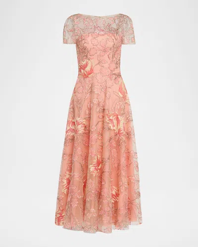 Naeem Khan Metallic Floral Embroidered Short-sleeve Illusion Midi Dress In Pink