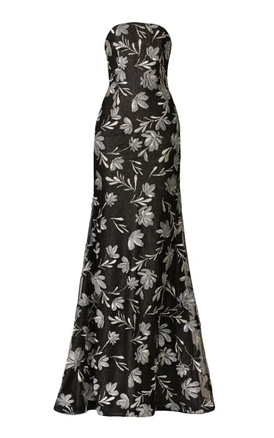 Naeem Khan Metallic Floral Raffia Bustier Strapless Fit-and-flare Gown In Black