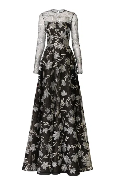 Naeem Khan Metallic Floral Raffia Long Sleeve Gown In Black