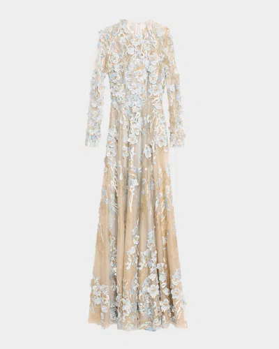 Naeem Khan Metallic Flower Lace Long-sleeve Gown In Pale Blue