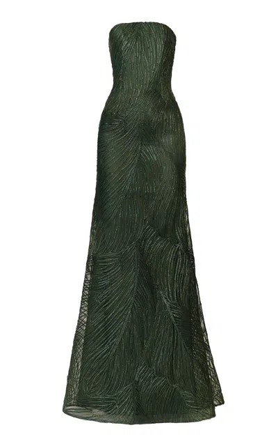 Naeem Khan Metallic Raffia Bustier Strapless Fit-and-flare Gown In Green