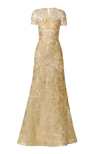 Naeem Khan Metallic Raffia Cap Sleeve Fit-and-flare Gown In Gold