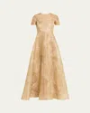 Naeem Khan Metallic Raffia Embroidered Short-sleeve Gown In Gold