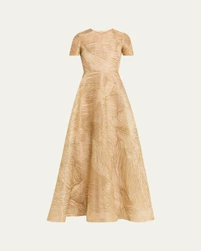 Naeem Khan Metallic Raffia Embroidered Short-sleeve Gown In Gold