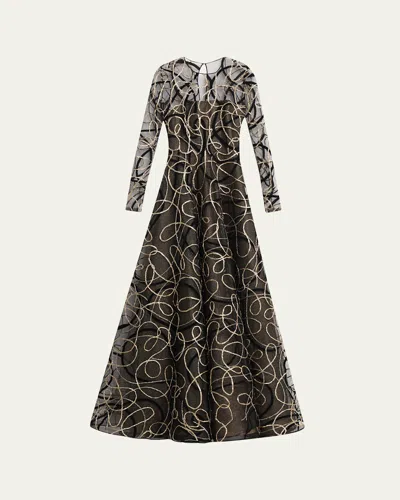 Naeem Khan Metallic Raffia Jewel-neck Long-sleeve Gown In Black/gold