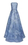 Naeem Khan Metallic Strapless Raffia Tulle-blend Gown In Blue