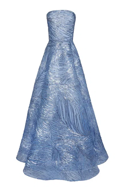 Naeem Khan Metallic Strapless Raffia Tulle-blend Gown In Blue