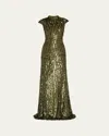 Naeem Khan Mock-neck Cap-sleeve Sequin Gown In Green