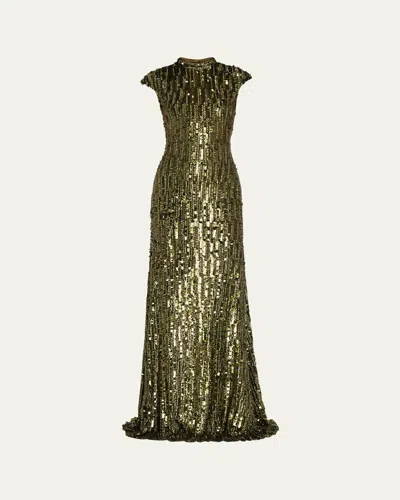 Naeem Khan Mock-neck Cap-sleeve Sequin Gown In Green