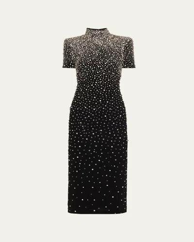 Naeem Khan Mock-neck Crystal Velvet Short-sleeve Midi Dress In Black