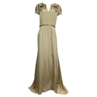 Pre-owned Naeem Khan Naeem Kahn Heavily Embellished Champagne Silk Gown-size 10 In Brown