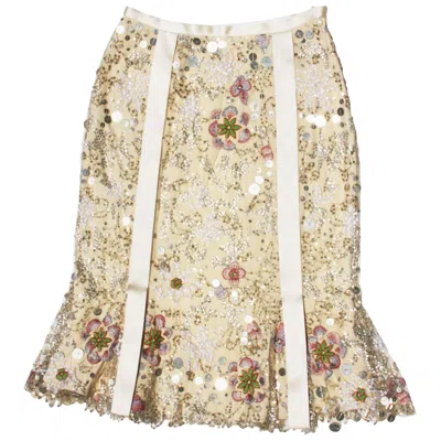 Pre-owned Naeem Khan New $1595  Fully Embellished Silk Tulle Beige Skirt Us 4 In Brown
