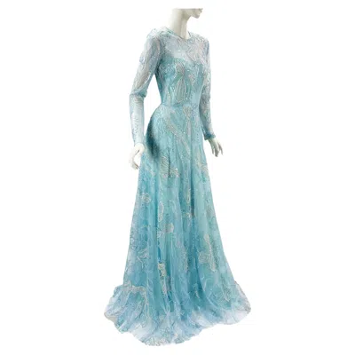 Pre-owned Naeem Khan Nwt  Blue Lace Embellished Tulle Maxi Dress Gown Us 4