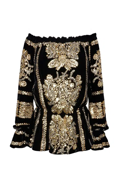 Naeem Khan Off-the-shoulder Embroidered Velvet Top In Black