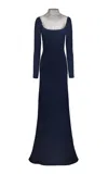 Naeem Khan Ombre Beaded Neckline Long Sleeve Gown In Navy