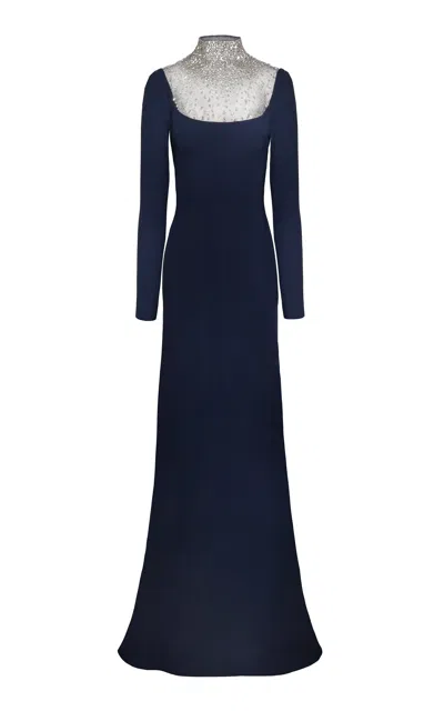 Naeem Khan Ombre Beaded Neckline Long Sleeve Gown In Navy