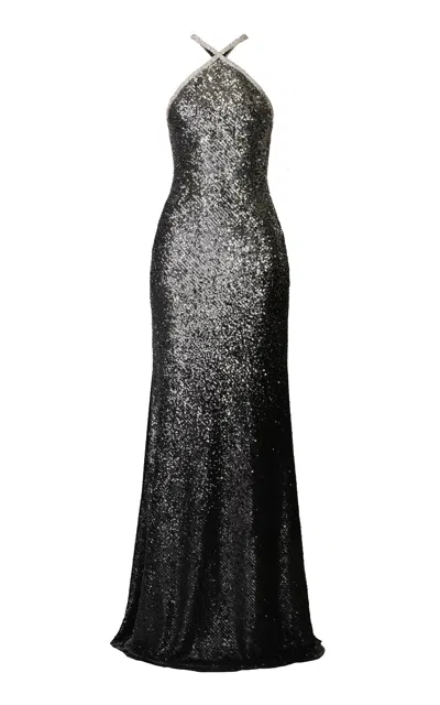 Naeem Khan Ombre Halter Stretch Sequin Gown With Crystal Trim In Black