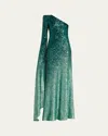 Naeem Khan Ombre Sequined One-shoulder Cascading Sleeve Gown In Green