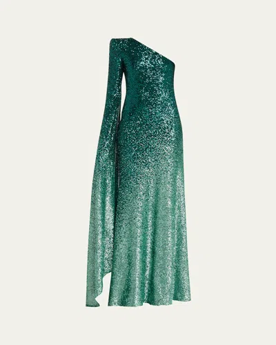 Naeem Khan Ombre Sequined One-shoulder Cascading Sleeve Gown In Green