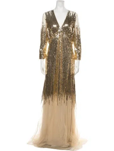 Pre-owned Naeem Khan Patterned Long Dress In Gold