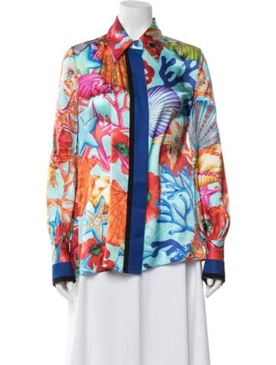 Pre-owned Naeem Khan Printed Long Sleeve Blouse In Blue