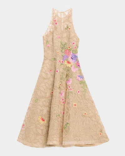 Naeem Khan Raffia Floral Embroidered Sleeveless Midi Dress In Multi