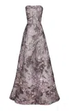 Naeem Khan Raffia Strapless Floral Embroidered Gown In Silver
