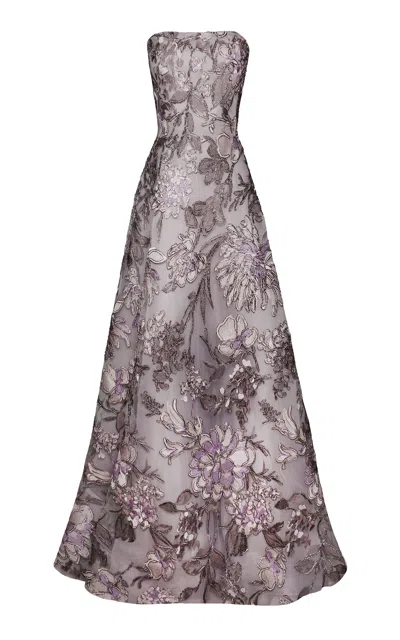 Naeem Khan Raffia Strapless Floral Embroidered Gown In Silver
