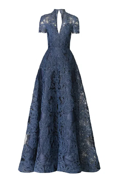 Naeem Khan Raffia V-neck Cap Sleeve Gown In Blue
