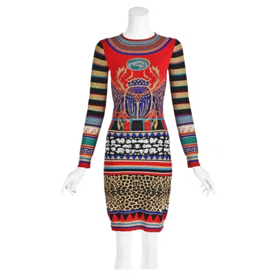 Pre-owned Naeem Khan Red And Gold Knit Egyptian Mystery Dress With Scarab Beetle, Sz Sm