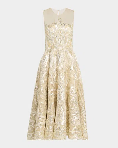 Naeem Khan Ribbon Embroidered Tea-length Illusion Dress In Gold