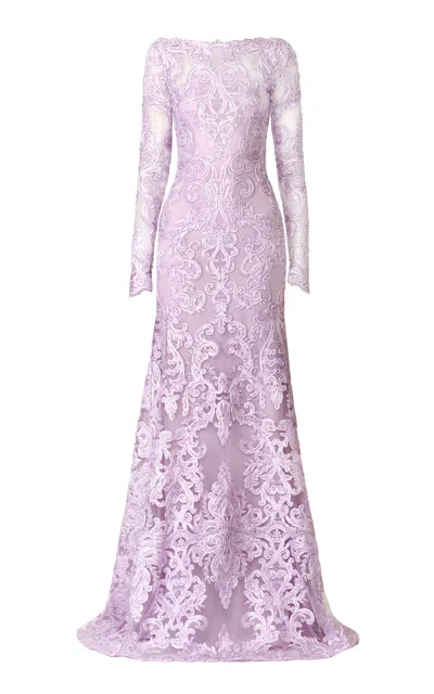Naeem Khan Ribbon Lace Boatneck Long Sleeves Fit-and-flare Gown In Pink